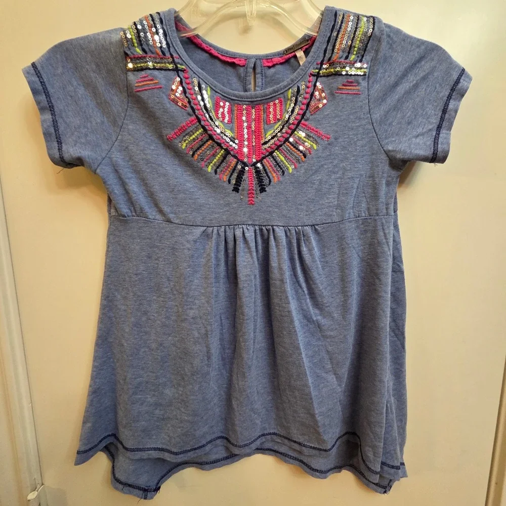 Poof Girl Blue Embroidered Sequin Sharkbite Tunic Top Kids Size M 10/12